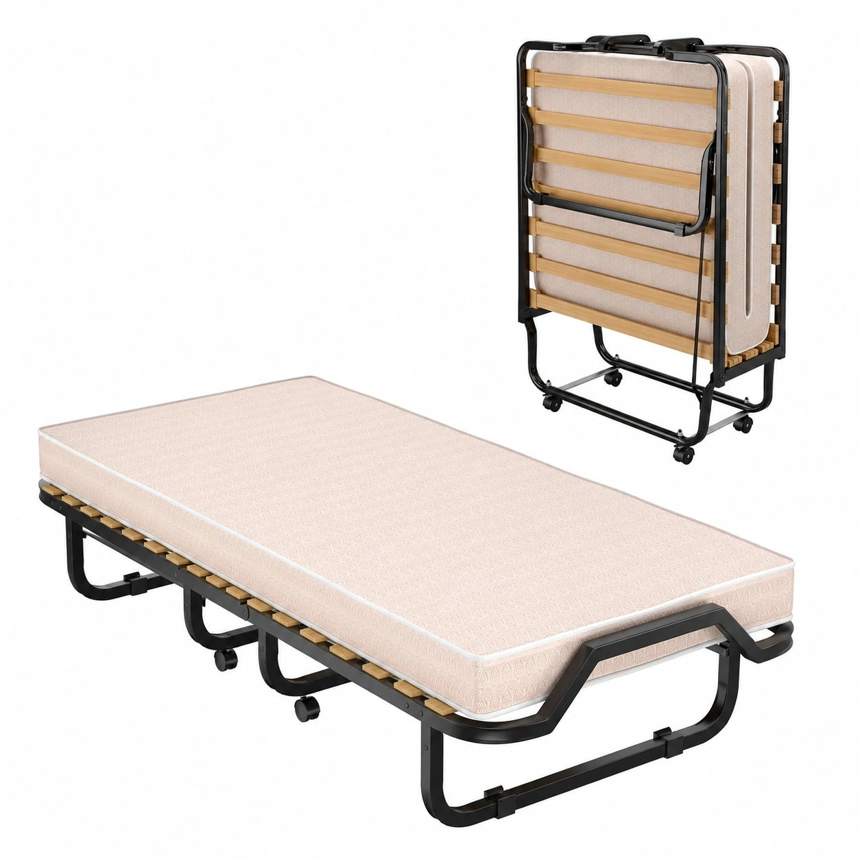 Faltbares Einzelbett 90x200 cm mit Memoryschaummatratze, Stahlrahmen und Rollen, für Gästezimmer und Camping