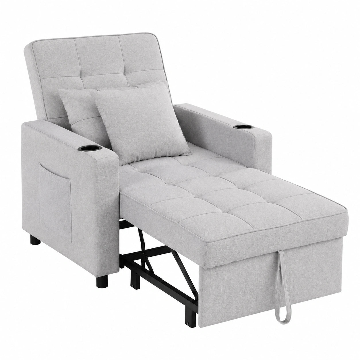 3-in-1 Schlafsofa Tommy mit Verstellbarer Rückenlehne, Kissen und Seitentaschen - Belastbar bis 150 kg - Hellgrauer Relaxsessel